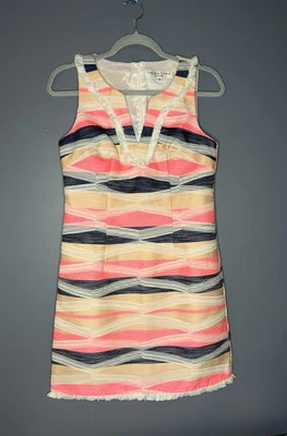 Vestido Trina Turk Delmi Jacquard Rayas Flecos Talla 4 Playa Brillante Tropical Foto 1 de 4