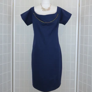 Karen Millen Dress UK 22 Navy Bardot Curve Chain Detail Stretch Bodycon Designer - Picture 1 of 14