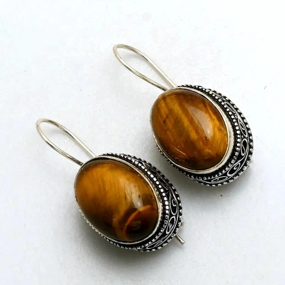 Tiger Eye Gemstone Drop Dangle Antique Desing Earrings Jewelry 1.4" AE-87628 - Image 1 of 1