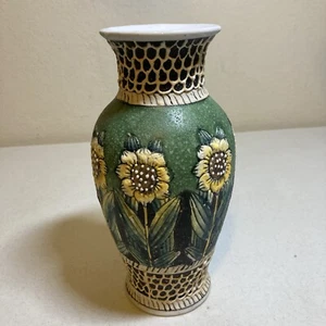 Vintage China Porzellan Texturiertes Muster handbemalt Sonnenblumen Vase 8"" Cl - Bild 1 von 8