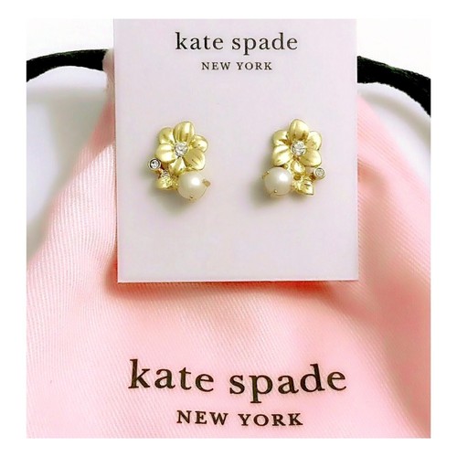 Orecchini a perno Kate Spade WILD GARDEN placcati oro 12 carati con perle finte pietre zirconi nuovi con etichette