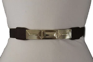 New Women Hip High Waist Brown Elastic Narrow Fashion Belt Gold Metal Buckle S M - Picture 1 of 12