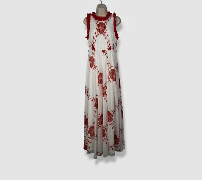 $890 Badgley Mischka Women's Red Floral Turtle Pleated Sleeveless Dress Size 6 - Image 1 of 3