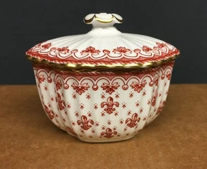 Mini azucarero Spode Fleur De Lis rojo 2 1/4" con tapa hueso, borde dorado-Inglaterra - Imagen 1 de 5