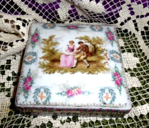 Vintage  Porcelain Trinket Box Courting Couple Vanity Jewelry Box - Picture 1 of 6