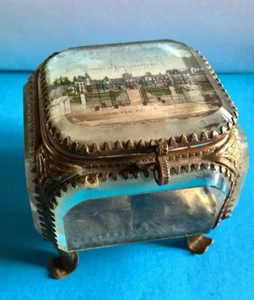 Ancien Coffret Boite à Bijoux en Verre Biseauté & Peinture - Picture 1 of 6