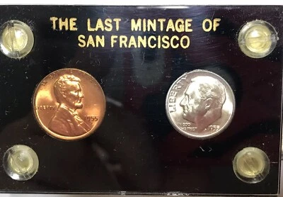 1955 S Brilliant Unc Silver Dime and Red Penny in Plastic Holder Free Shipping - Image 1 of 2