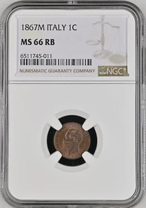 O879, Italia, Vit Emanuelle II, 1 Centesimo 1867 M, NGC MS66RB, Top Pop 1/0, Raro - Imagen 1 de 3