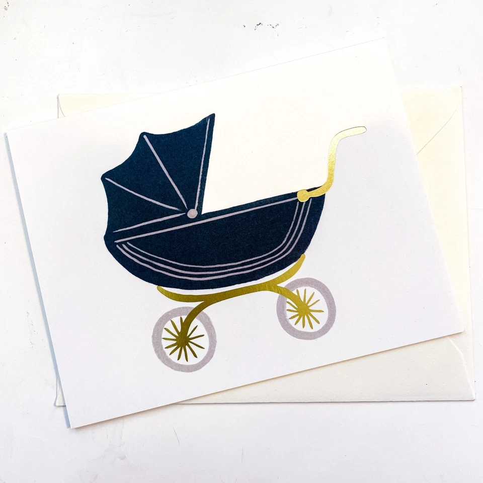 Tarjeta de felicitación y sobre RIFLE PAPER CO. - "COCHECITO" Baby Shower dorado en blanco A2 Foto 1 de 1