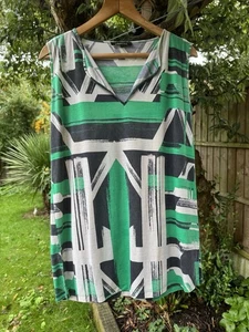 Vintage Jaeger UK 14 Boxy Sleeveless Top Green Mix Jersey Side Slits V-Neck - Picture 1 of 13