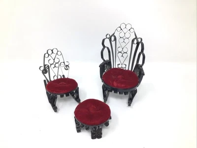 Vintage Tin Can Doll House Rocking Chair & Foot Stool 2 Chairs 1 Stool Folk Art - Image 1 of 4