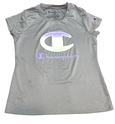 CAMPEÓN * Camiseta Atlética Plateada * Logo Púrpura Blanco Verde * Niñas 14/16 Foto 1 de 4