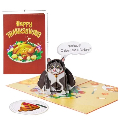 POPWOW Thanksgiving Cat Pop Up Card, Black Cat On Plate, Pumpkin Pie, 3D Popu... - Image 1 of 4