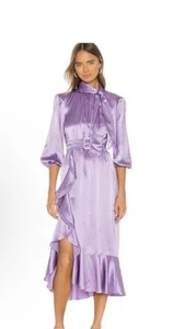 NWT Cinq a Sept Bella Silk Tie-Neck Lavender Mist Waterfall Belted Midi Dress 4 - Picture 1 of 20