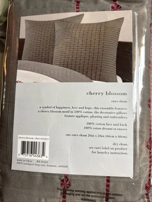 Новая серая красная хлопковая наволочка Natori Cherry Blossom Euro Sham 26 x 26 дюймов - Изображение 1 из 3