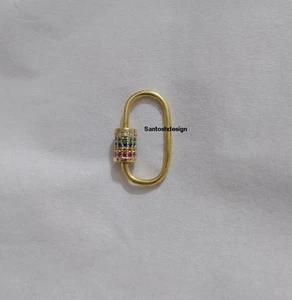 14k Solid Gold Oval Multi Sapphire Carabiner Clasp Lock,Handmade Lock Jewelry - Picture 1 of 2