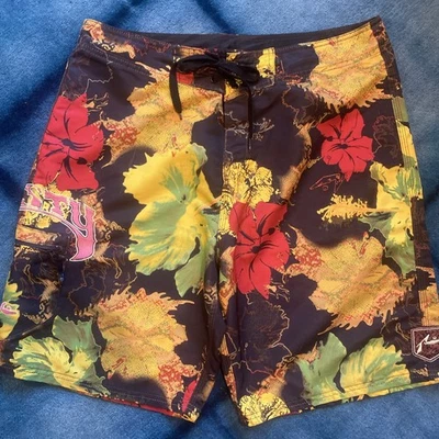 VTG Rusty Board Shorts Mens 36 AOP Abstract Flowers Hawaiian Embroidered Y2K - Image 1 of 4