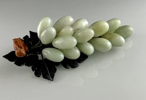 Vintage Chinese Hand Carved Natural Stone Grape Cluster Fruit with Jade Leaves - Picture 1 of 4