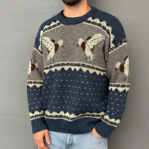 RARE Vintage Woolrich Multicolor 100% Wool Grey Duck Sweater Men’s XL - Picture 1 of 7
