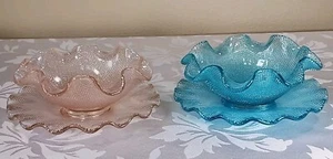 Italian Colony Glass Ruffled Bowls w/Underplate~Set of 2~Waffle Design Pink Blue - Picture 1 of 22