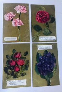 Set Of 4 Unused Antique Post Cards W/Various Flowers And Greeting Poems - Picture 1 of 6