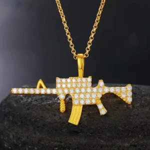 D/FL Round Cut Brilliant Moissanite 14K Yellow Gold Over Gun Men's Pendant 2" - Picture 1 of 8