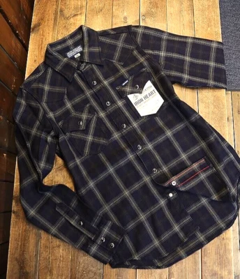 IRON HEART IHSH-411 9oz Selvedge Indigo Check Flannel Western Shirt Black S-XXL - Bild 1 von 4