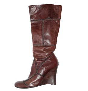 Aldo Brown Leather Zip Mid-Calf Boot UK 4 Patchwork Round Toe Boho Bohemian - Picture 1 of 7