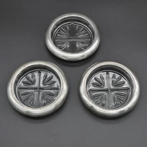 3 Vintage FB Rogers Sterling Coasters Silver Rim Clear Glass Tulip Cross 3.75" - Picture 1 of 19