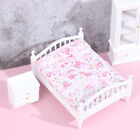 1Pc Double Bed + 1Pc Bedside Table 1:12 Dollhouse Miniature Wooden Furniture√