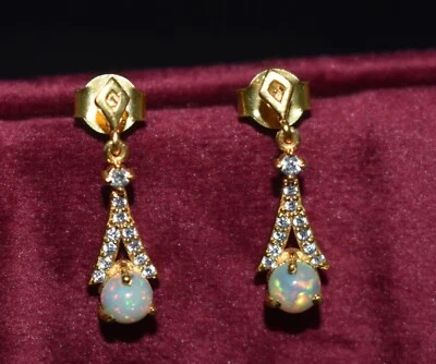 Etiope Opale Gemma Pavé di Diamanti Massiccio 925 Argento Pendente Orecchino - Immagine 1 di 4