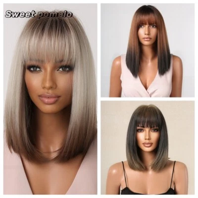 Peluca mujer Qi flequillo marrón degradado negro pelo largo liso moda conjunto de pelo completo Foto 1 de 3