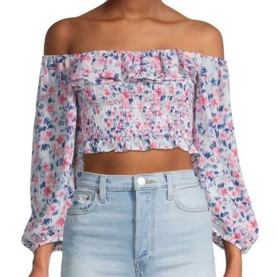 Yumi Kim Women Off-The-Shoulder Floral Print Crop Top Size XS Pink Blue Feminine - Image 1 of 4