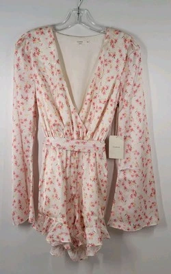 Tularosa Revolve Pink Floral  Bell Sleeve Ruffle Hem Satin Romper Size XXS NWT - Image 1 of 4