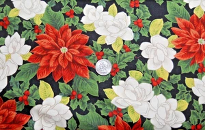 MODA FABRICS #32535 POINSETTIAS & HOLLY  ALL OVER ON BLACK BTY - Picture 1 of 1
