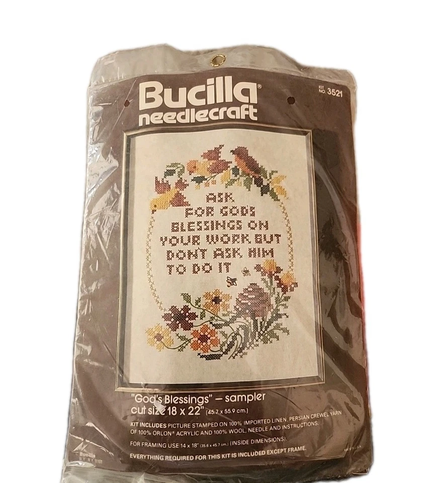  Kit de punto de cruz estampado vintage Bucilla Needlecraft "Bendiciones de Dios" No. 3521 Foto 1 de 1