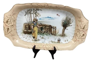 Vassoio da portata decorativo vintage in ceramica 'Maggio' dipinto a mano bordo floreale - 16x9,5" - Foto 1 di 7