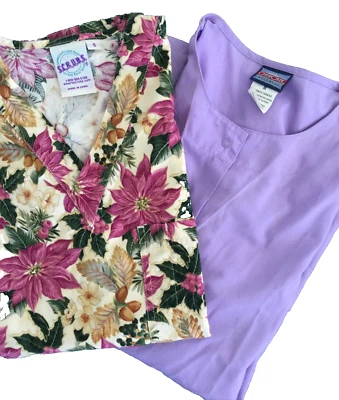 Scrubs Poinsettia Scrub Top Cotton V-Neck Holiday & Solid Purple Lab Coat S/M - Image 1 of 4