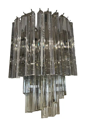Murano PAIR Art Deco Crystal Clear Venini Triedri Chandelier Wall Sconces - Image 1 of 4