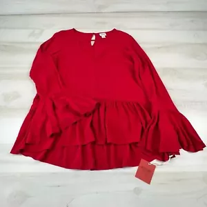 Mossimo Womens Top Medium Red Flowy Loose Blouse Keyhold Neck Bell Sleeves Shirt - Picture 1 of 9