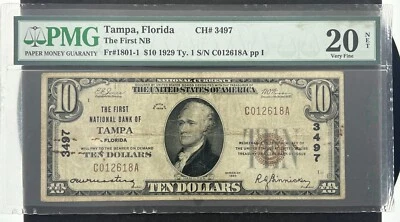 1929 TAMPA FLORIDA FIRST NATIONAL BANK $10 PMG 20 VERY FINE - Image 1 of 2