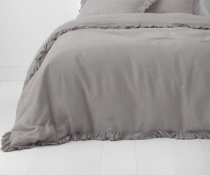 Garnet Hill Ruffle Trim Relaxed-Linen Duvet Cover Ash Gray Queen/Double - Picture 1 of 8