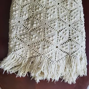 Vtg Ivory Hand Crochet Coverlet Bedspread Throw Popcorn Puffs Star Design 81X87" - Picture 1 of 7