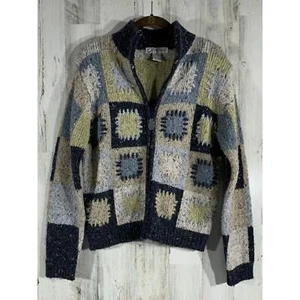 Vintage Dressbarn Cardigan Sweater Size Medium Patchwork Knit Blue Multicolored - Picture 1 of 10