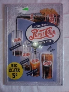 "Fountain Pepsi-Cola Served Here" Embossed Tin Metal Sign - Pepsi-Cola - NIB - Picture 1 of 2