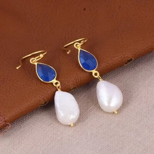Unique Pearl Drop Earrings With Lapis Lazuli Silver Real Pearl Earrings Jewelry - Picture 1 of 10
