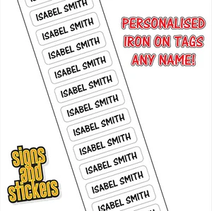 50 PERSONALISED IRON ON NAME TAGS SCHOOL UNIFORM CARE HOME LABELS EASY TO APPLY - Picture 1 of 1