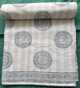 Indian Vintage Floral Print Kantha Quilt Bedspread Double Blanket Cotton Throw - Picture 1 of 6