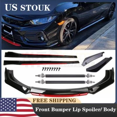 Front Bumper Lip Spoiler/ Body Kit+Side Skirt Glossy black-Red For Honda Civic - Image 1 of 4