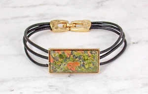 Green unakite stone bracelet on black leather cord, green pink rectangle stone - Picture 1 of 7